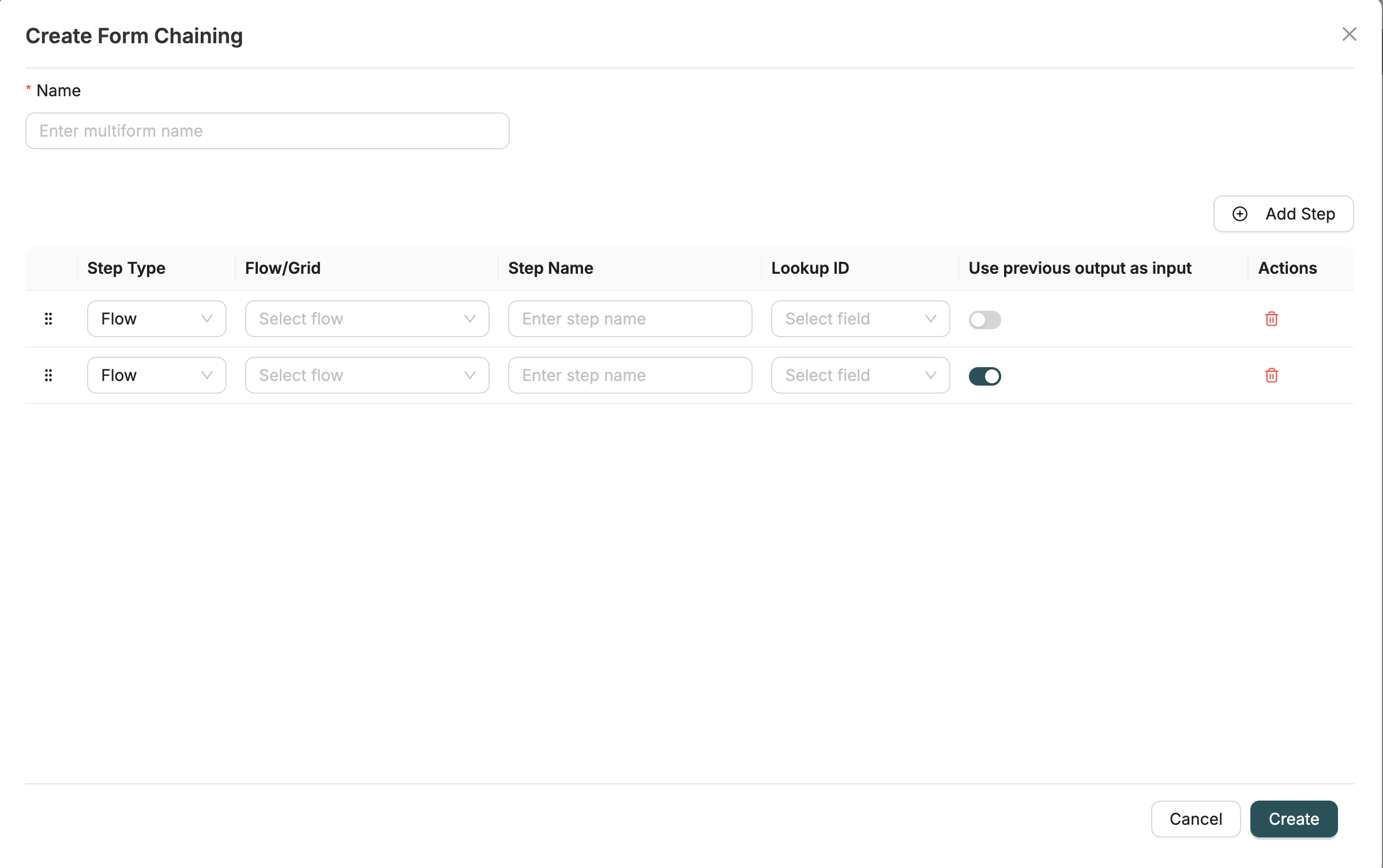 Form Chain Configuration Steps Interface