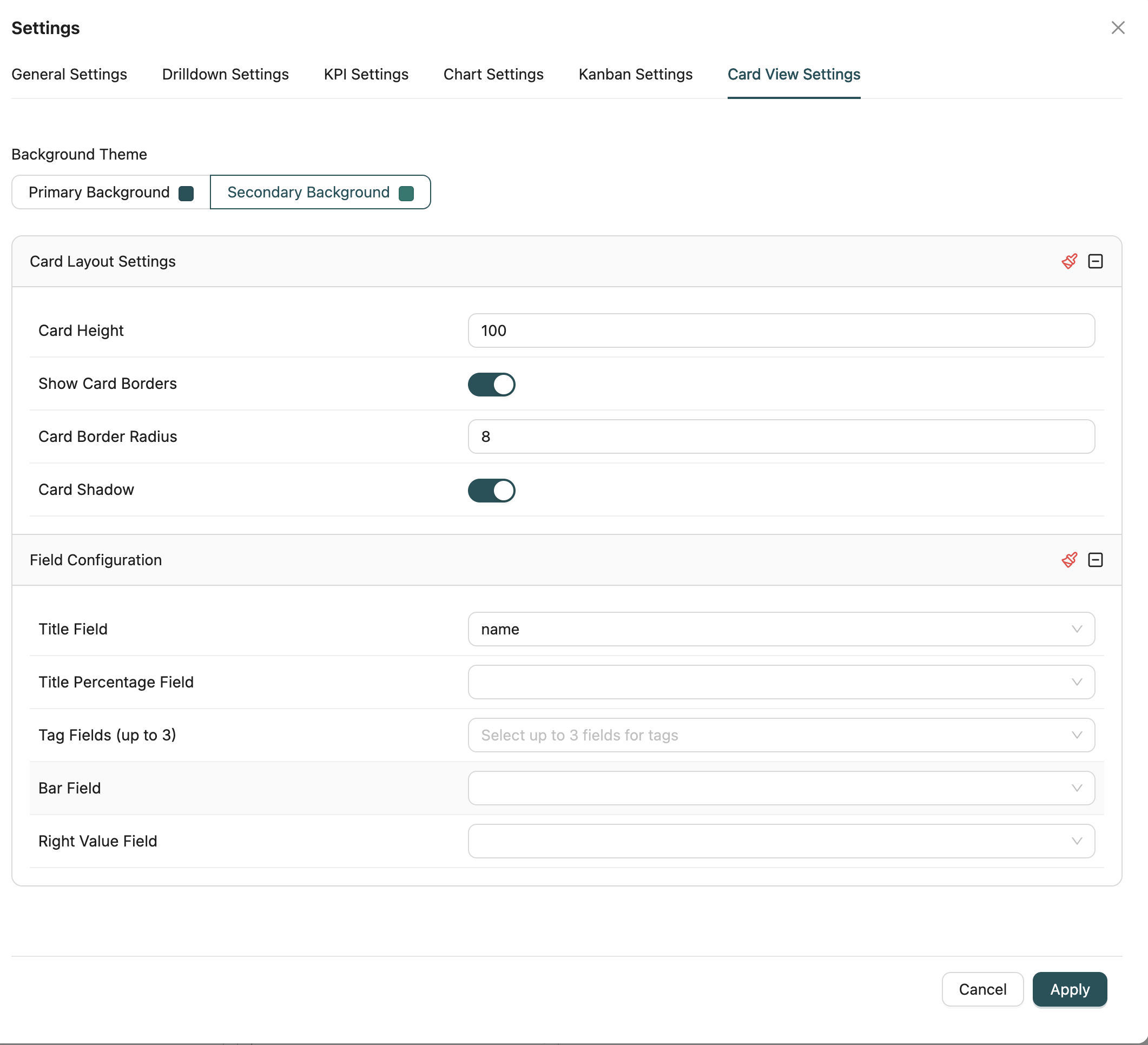 Card View Settings Tab Interface