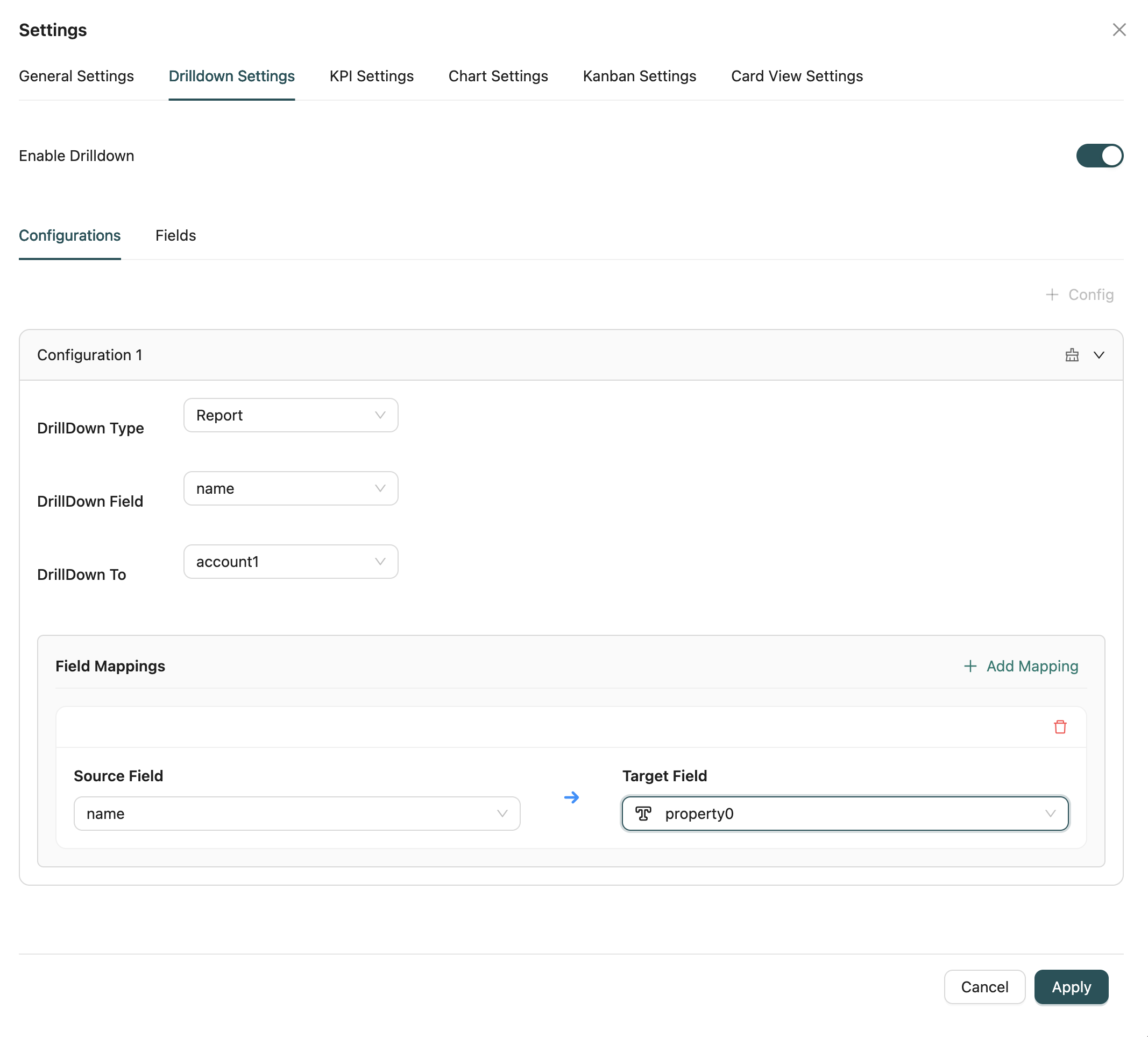 Drill-Down Settings Tab Interface
