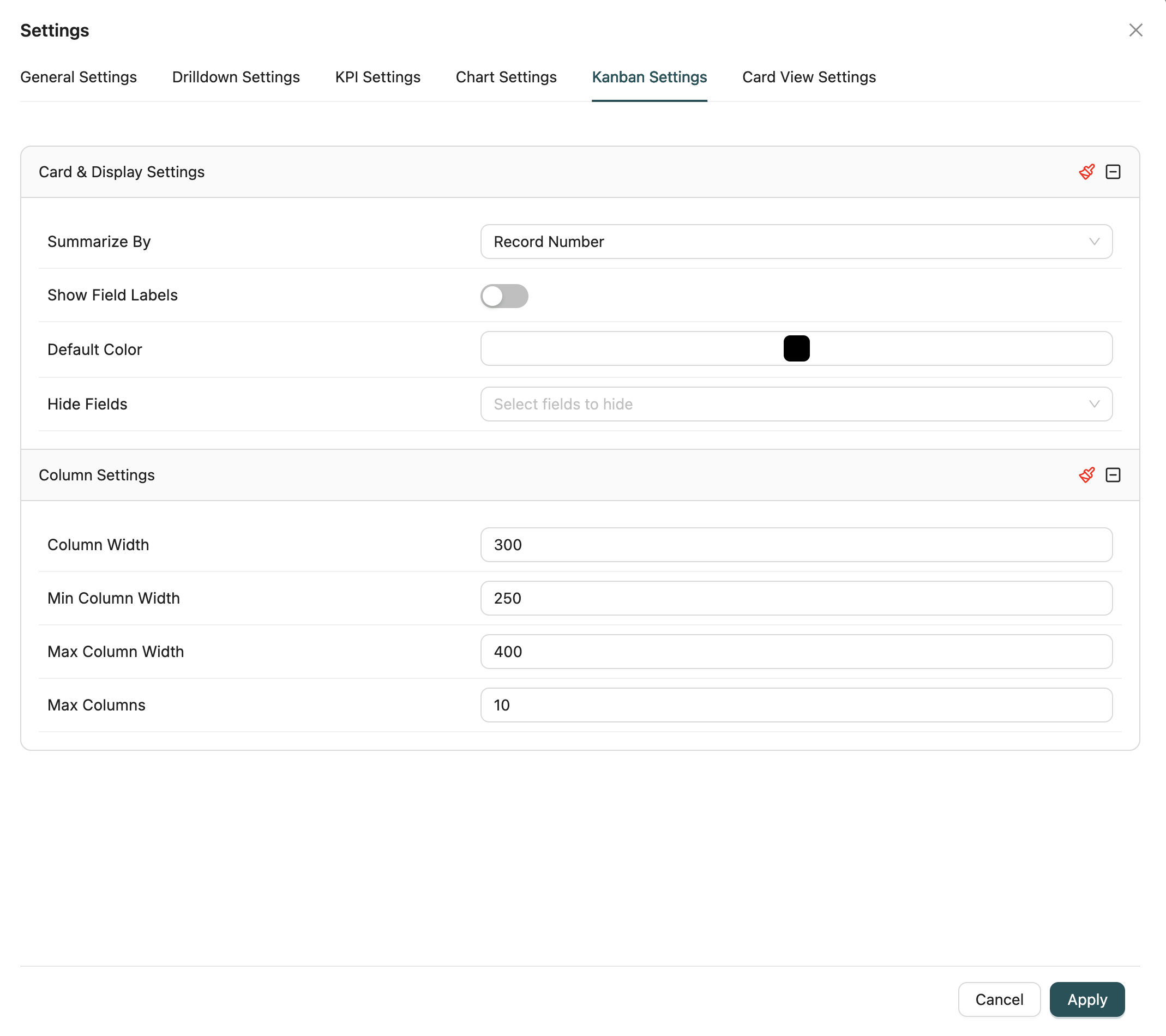 Kanban Settings Tab Interface